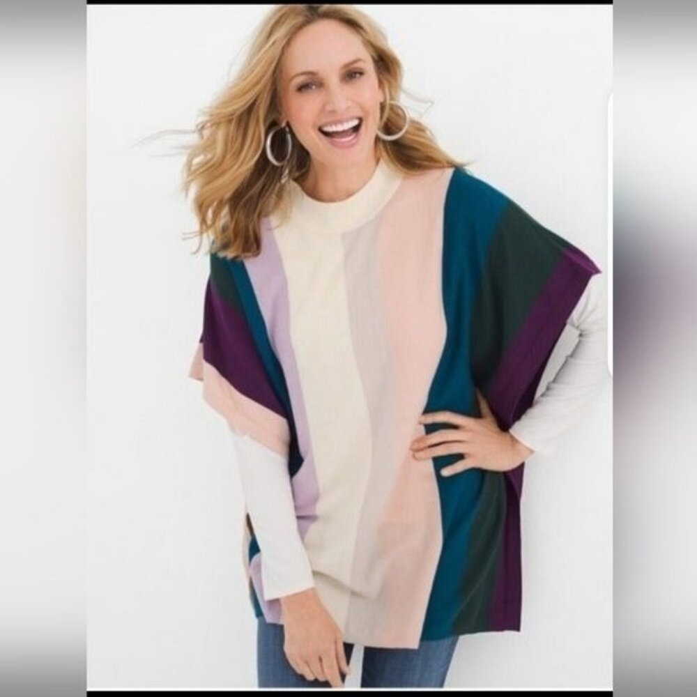 New Women's Chico's Popover Poncho top Fall Winter Stripes Striped Small…